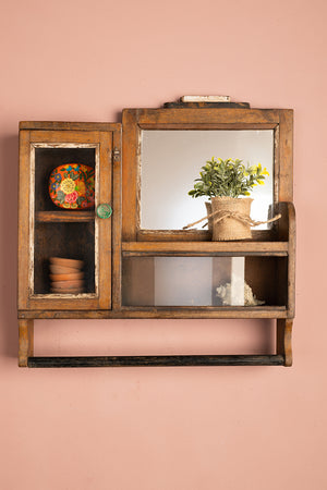 Vintage Wooden Wall Mirror with Cabinets