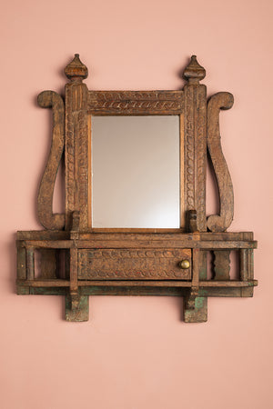 Small Vintage Wooden Temple Wall Mirror