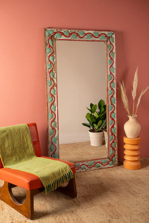 Vintage Turquoise & Red Carved Wall Mirror
