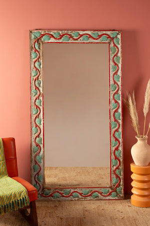Vintage Turquoise & Red Carved Wall Mirror