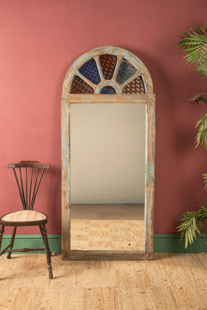 Vintage Blue Wall Mirror with Fanlight Window