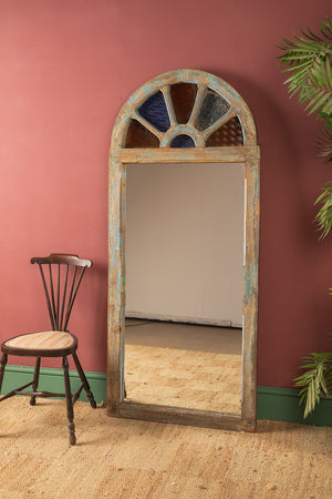 Vintage Blue Wall Mirror with Fanlight Window