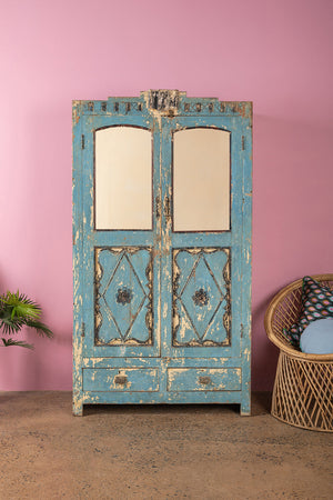 Vintage Light Blue Carved Almirah with Mirrors