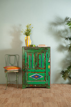 Green Vintage Wooden Carved Almirah