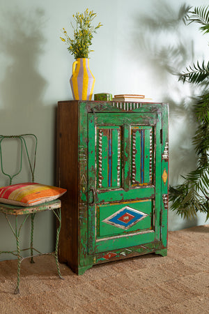 Green Vintage Wooden Carved Almirah