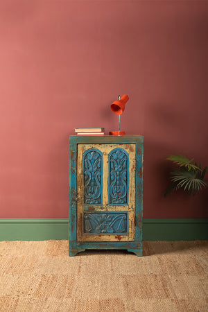 Vintage Blue & Cream Carved Side Cupboard
