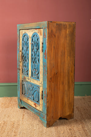 Vintage Blue & Cream Carved Side Cupboard