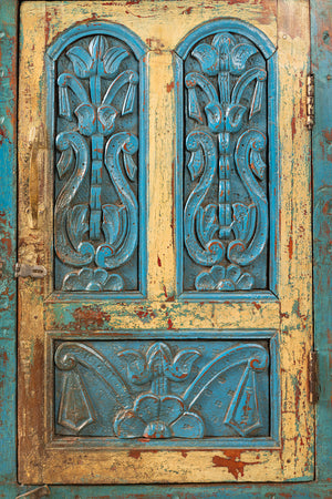 Vintage Blue & Cream Carved Side Cupboard