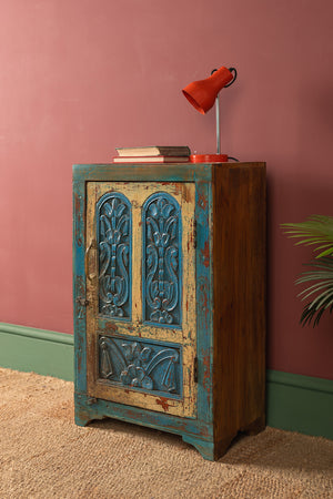 Vintage Blue & Cream Carved Side Cupboard