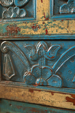 Vintage Blue & Cream Carved Side Cupboard