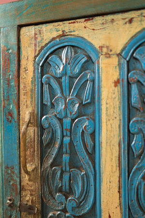 Vintage Blue & Cream Carved Side Cupboard