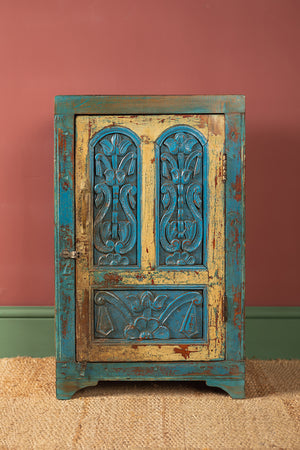 Vintage Blue & Cream Carved Side Cupboard